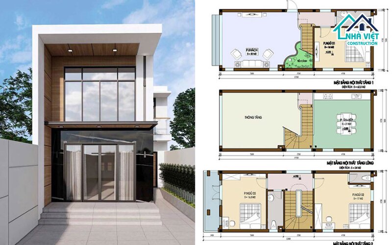 Mẫu nhà 1 trệt 1 lửng 1 lầu 5x15 3 phòng ngủ